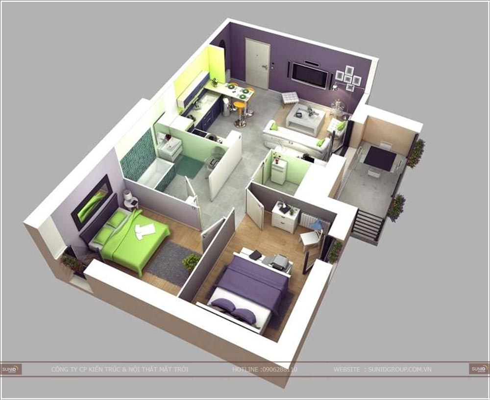 10 mẫu căn hộ 60m2 thiết kế nội thất chung cư 2 phòng ngủ tuyệt đẹp